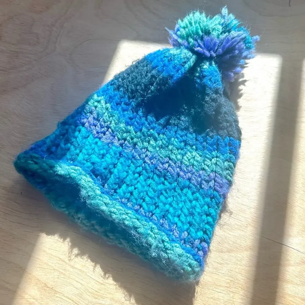 Hand Knit Infant Pom Pom Beanie | Blue Teal Purple | 0–12 Months